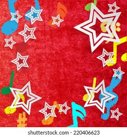 Colored Grunge Music Note and White Paper Star on the Red Luxury Background . Vector Illustration . 