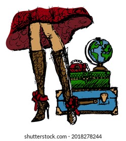 Colored grunge rough freehand drawing of female legs on the background of suitcases and a globe. A girl in knee-high boots with high heels and a dress stands against the background of luggage
