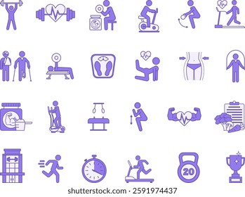 Colored Gym Icon Set. Vector Illustrations Fitness, Weightlifting, Elliptical Bike, Weight Loss, Diet, Protein, Treadmill, Bench Press, Squat, Weight, Injury, Kettlebell, and More