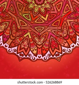 Colored half mandala on red background, Template for design
