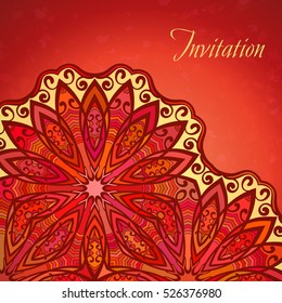 Colored Half mandala on red background, Template for design, Invitation card