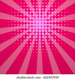 Colored halftone background retro vector illustration. Sunbeam dot vintage blank backdrop for comic letter, word, phrase. Pop art comic text empty template. Pink color.