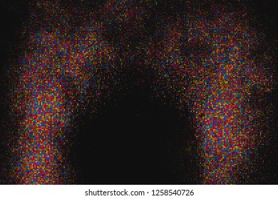 Colored Halftone Texture On Black Background. Fade Explosion Of Confetti. Modern Colorful Dotted Futuristic Backdrop. Digitally Generated Image. Pop Art Style Overlay. Vector Illustration, Eps 10.