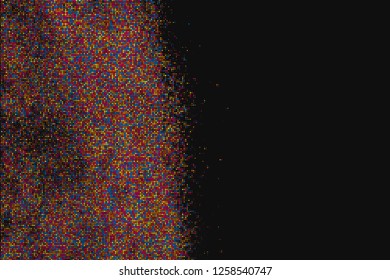 Colored Halftone Texture On Black Background. Fade Explosion Of Confetti. Modern Colorful Dotted Futuristic Backdrop. Digitally Generated Image. Pop Art Style Overlay. Vector Illustration, Eps 10.
