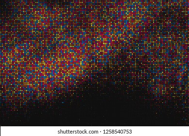 Colored Halftone Texture On Black Background. Fade Explosion Of Confetti. Modern Colorful Dotted Futuristic Backdrop. Digitally Generated Image. Pop Art Style Overlay. Vector Illustration, Eps 10.