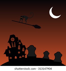 Colored halloween background with the moon and a graveyard
