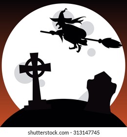 Colored halloween background with a witch and a graveyard