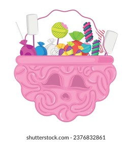 Colored halloween candies brain basket Happy halloween Vector illustration