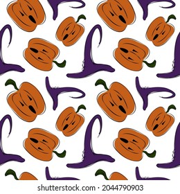 Colored Halloween cartoon seamless pattern with witch hat and jack o'lantern pumpkin. Spooky design for party dishes, holiday wrapping paper, wallpaper in the room of horror. Print for greeting cards.