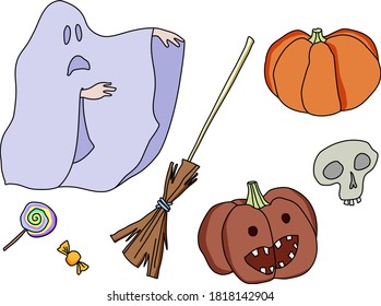 Colored Halloween and drawn pumpkin set with broom, ghost, skull and candies. Vector design elements