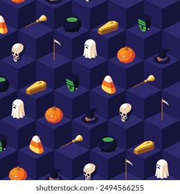 Colored halloween icons isometric pattern on dark blue geometric background