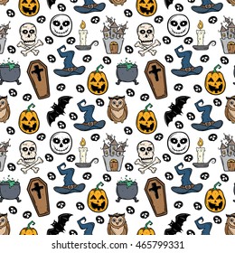 Colored halloween icons using doodle art in seamless pattern
