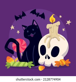 Colored halloween image Cute cat next to a skull with a candle Vector