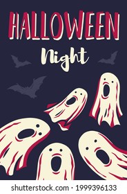 Colored halloween party invitation, banner, poster or postcard with scary horrible ghost, spirit and bats illustrations for october holiday design