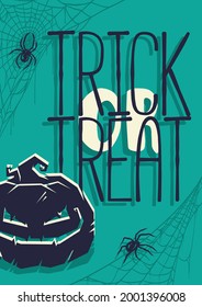 Colored halloween party invitation, banner, poster or postcard with scary horrible pumpkin and spider web illustrations for october holiday design