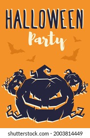 Colored halloween party invitation, banner, poster or postcard with scary horrible pumpkin and bats illustrations for october holiday design