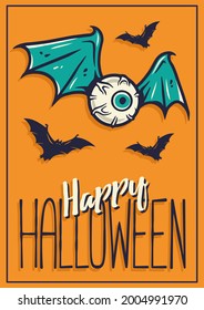Colored halloween party invitation, banner, poster or postcard with scary horrible eyeball with wings and horror eyes illustrations for october holiday design