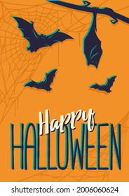 Colored halloween party invitation, banner, poster or postcard with scary horrible bats and spider web illustrations for october holiday design