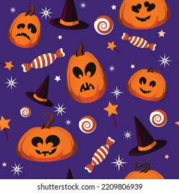 Colored Halloween pattern, seamless, decorative design, pumpkins, candies, stars vector illustration