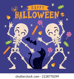 Colored halloween poster pair of skeletons celebrating Vector