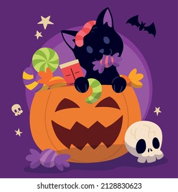 Colored halloween poster Pumpkin with candies and happy cat Vector