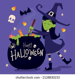 Colored halloween poster witch with cauldron Vector