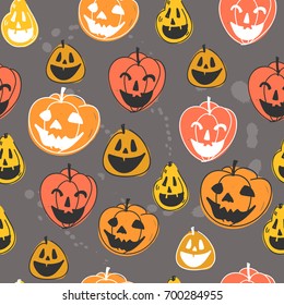 Colored halloween pumpkins. Doodle vector seamless pattern. Grey background