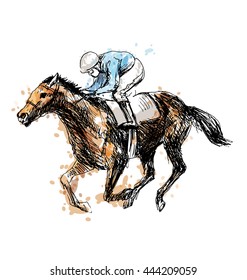 Colored hand drawing a rider with a horse. Vector illustration