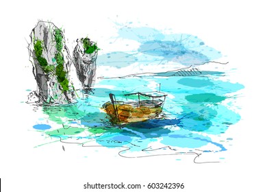 Colored hand drawing Thai coast. Vector illustration