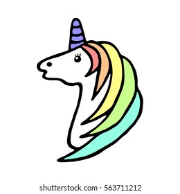 Colored hand drawing unicorn with rainbow mane. Vector illustration