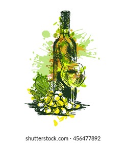 Colored Hand drawing Wine Still Life. Vector illustration