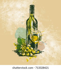 Colored hand drawing wine still life grunge background  Vector illustration