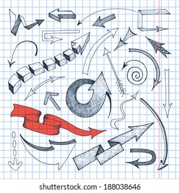 Colored hand drawn arrows on squared notebook page background icons set flat vector illustration