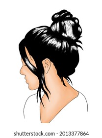Colored Hand drawn Beautiful Girl with Black Messy hair in Bun, Pretty Woman Vector Illustration