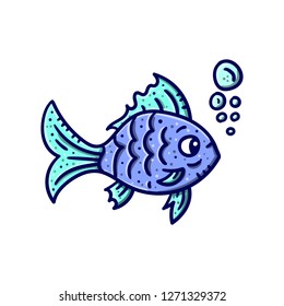 Colored hand drawn blue fish cliaprt. Vector illustration