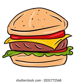 Colored hand drawn burger vector illustration isolated in a white background, fast food icon