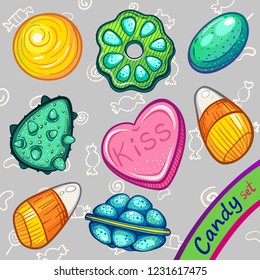 Colored hand drawn candy collection on white and grey doodle background