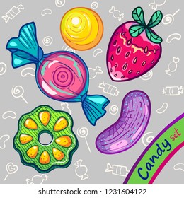 Colored hand drawn candy set on white and grey doodles background
