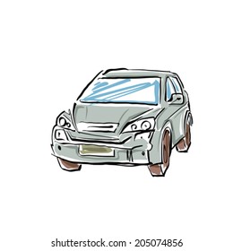 Colored hand drawn car on white background, illustrated sedan. 