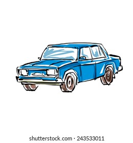 Colored hand drawn car on white background, illustration of a sedan. 