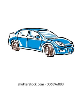 Colored hand drawn car on white background, illustration of sedan. 