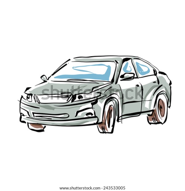 Colored hand drawn car on white background, illustrated\
sedan. 