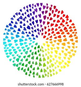 Colored hand drawn circular frame. Rainbow heart pattern isolated on white background.