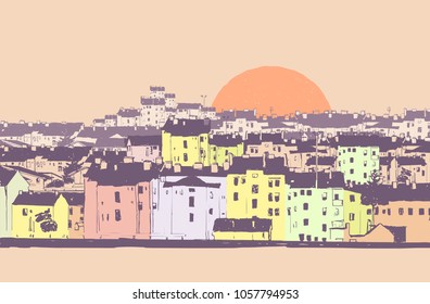 Colored hand drawn cityscape with old houses in row in densely populated old part of the city at sunset. Beige pastel colored background
