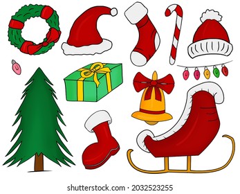 Colored hand drawn collection of Christmas stuff vector illustration isolated in a white background, a sketch of different winter materials icons