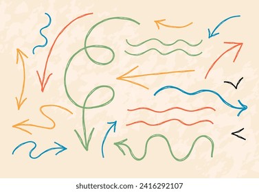 Colored Hand drawn crayon chalk charcoal line arrows set. curvy and wavy arrows isolated on beige. Group of squiggles and scribbles strokes. Elements for diagrams. doodle marker. 