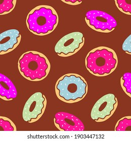 Colored hand drawn donuts seamless pattern. Packaging design, textiles. Stock vector illustration.	
