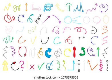 Colored hand drawn doodle arrows. Pen design elements isolated on white. Infographic elements. Colorful pointers on isolation background. Line art