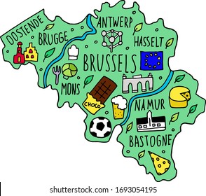 Colored Hand drawn doodle Belgium map. Belgian city names lettering and cartoon landmarks, tourist attractions cliparts. travel, trip comic infographic poster, . Brussels, oostende, oostende, football