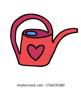 Colored Hand drawn doodle children's watering can. Red one with Black stroke. Simple funny vector illustration isolated on white background